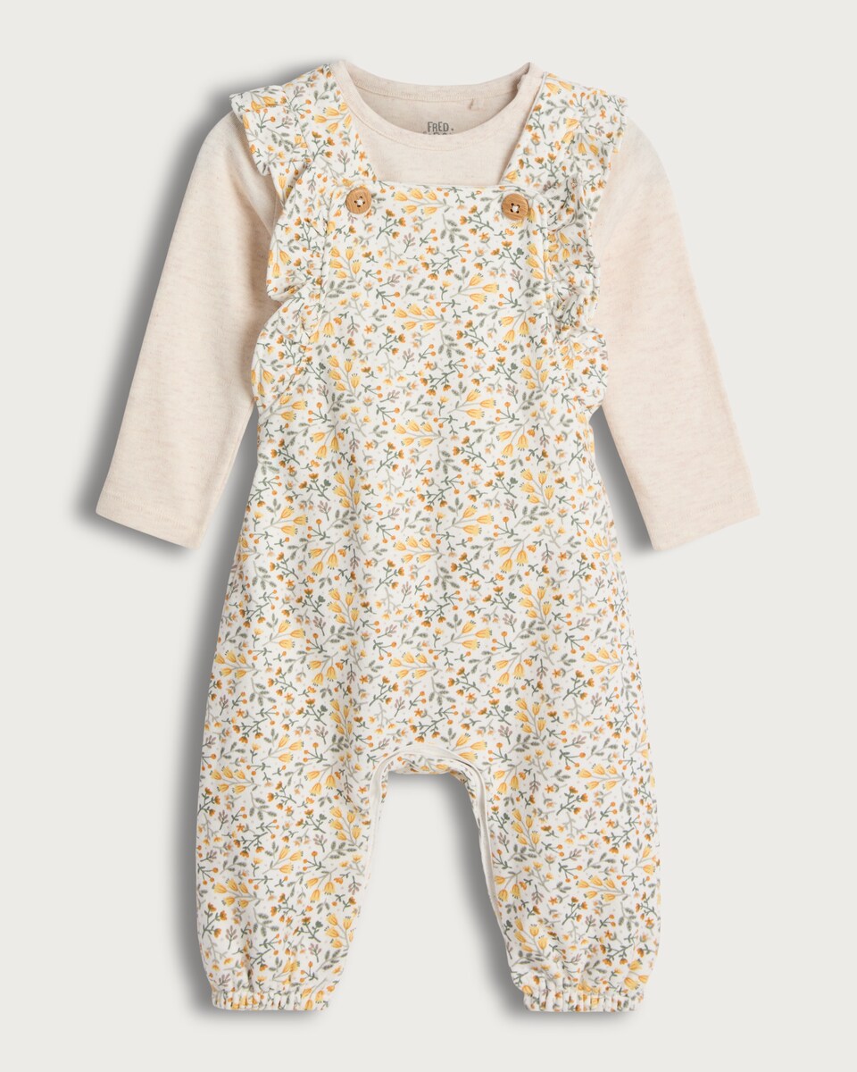 image 1 of F&F Baby 2-Piece Cotton Rich Floral Print Dungarees and Bodysuit Set in Neutral