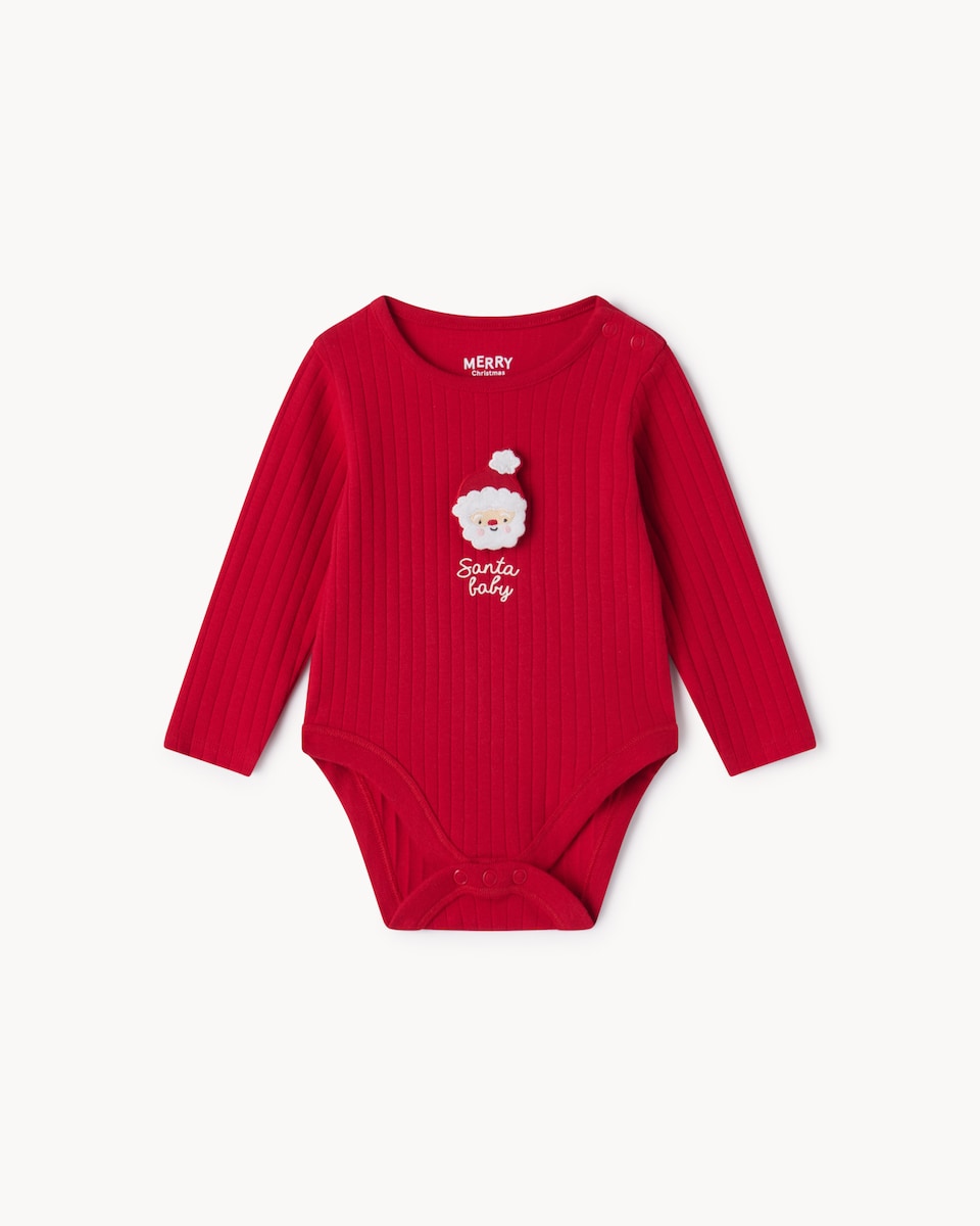 image 1 of Christmas Baby Cotton Rich Ribbed Santa Bodysuit in Red