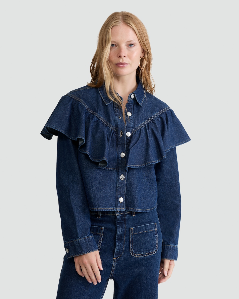 image 1 of The F&F Edit Pure Cotton Denim Ruffled Shirt in Navy