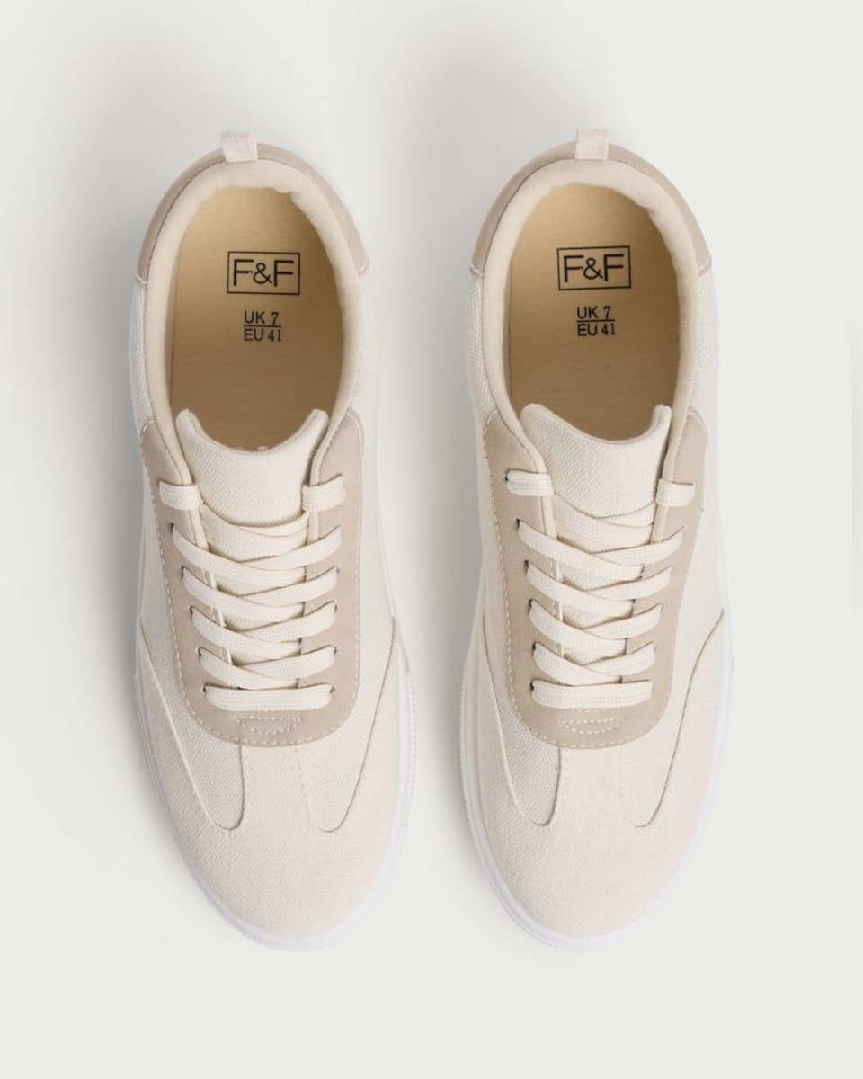 image 1 of F&F Canvas Lace Up Trainers in Neutral