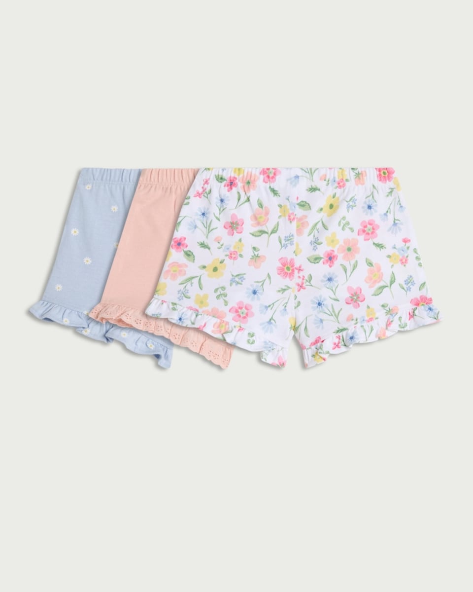image 1 of F&F Baby 3-Pack Pure Cotton Floral Ruffle Hem Shorts in Pink
