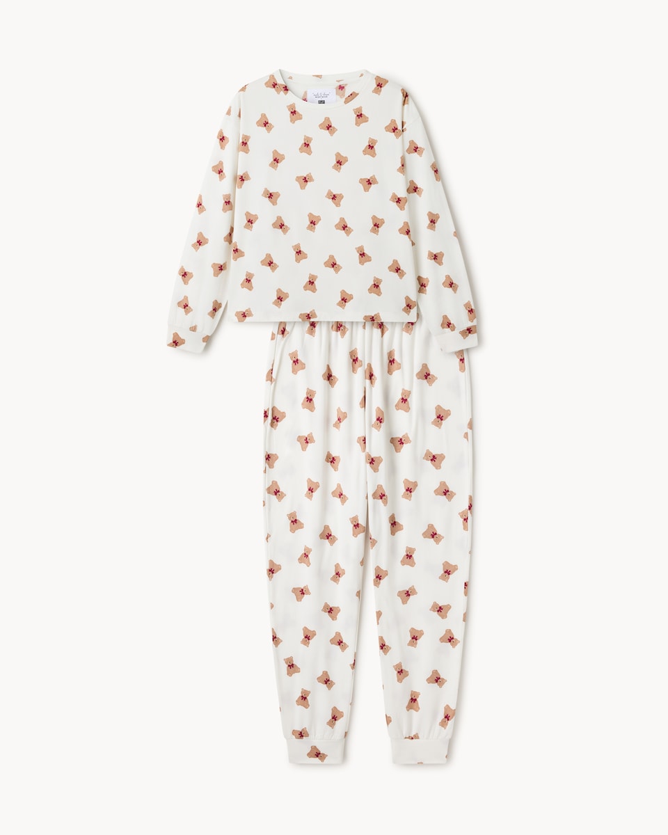 image 1 of F&F Fleece Teddy Bear Pyjama Set in Cream