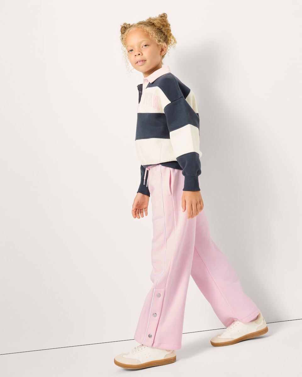 image 1 of F&F Girls Cotton Rich Side Popper Wide Leg Joggers in Pink