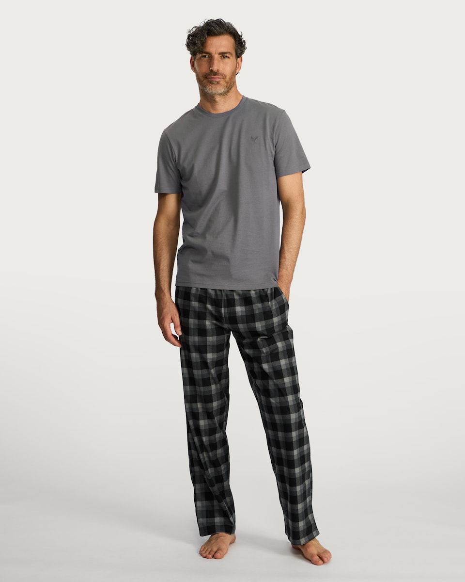 image 1 of F&F Fleece Trousers Check Pyjama Set in Grey