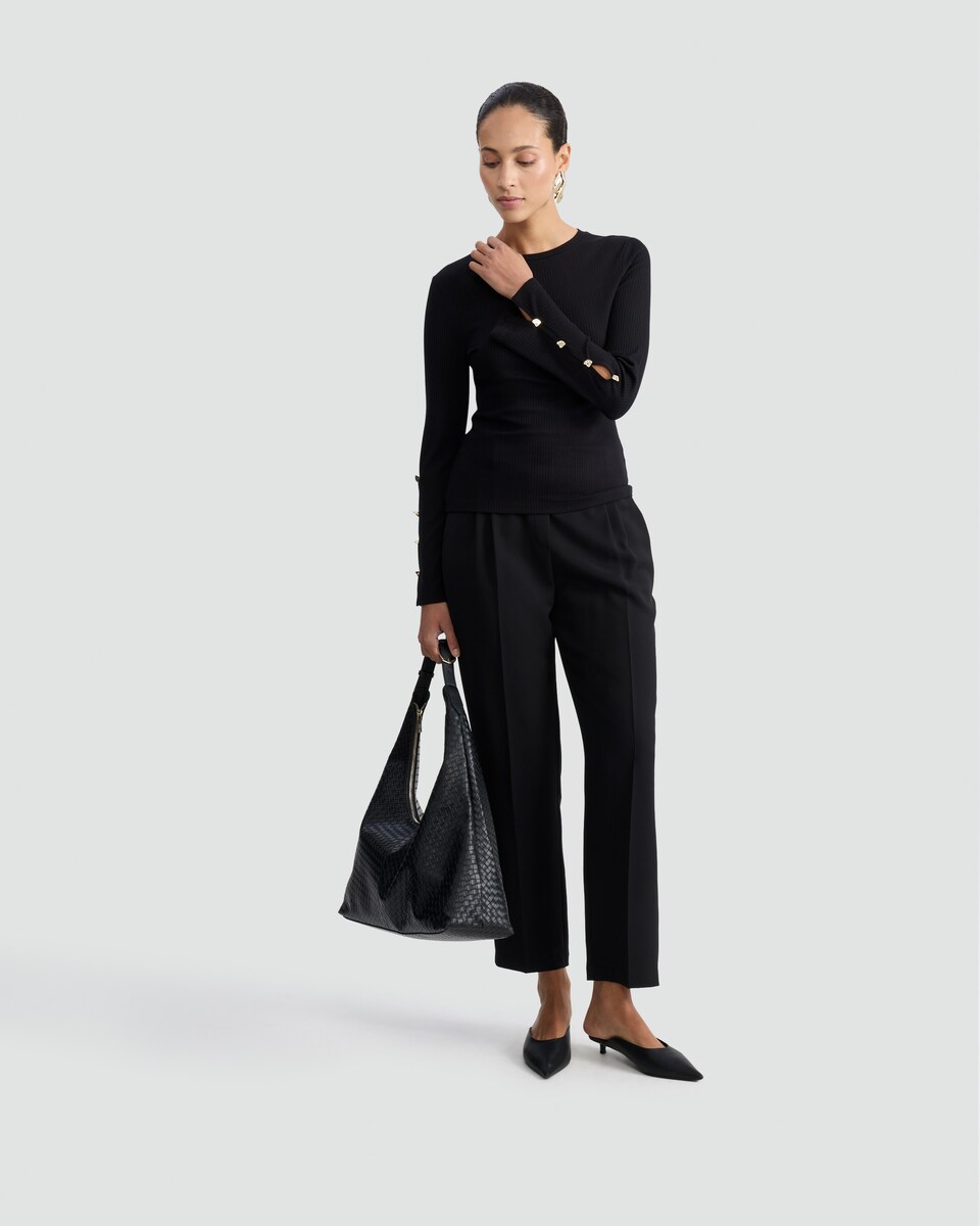 image 1 of F&F Ribbed Long Sleeved Button Accent Top in Black