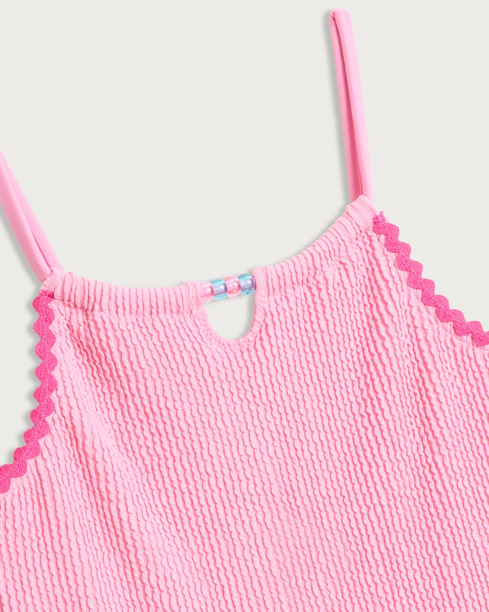 image 1 of F&F Girls Textured Bead Detail Swimsuit in Pink