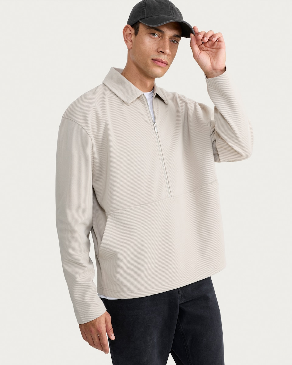 image 1 of F&F Ribbed Half Zip Relaxed Fit Sweatshirt in Stone