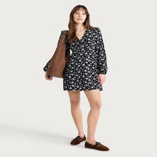 F&F Floral Tie Neck Long Sleeved Mini Dress in Multi Black