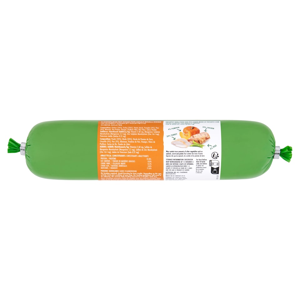 image 1 of Freshpet Small Dog Chicken & Turkey Recipe with Pumpkin & Peas Roll 400g
