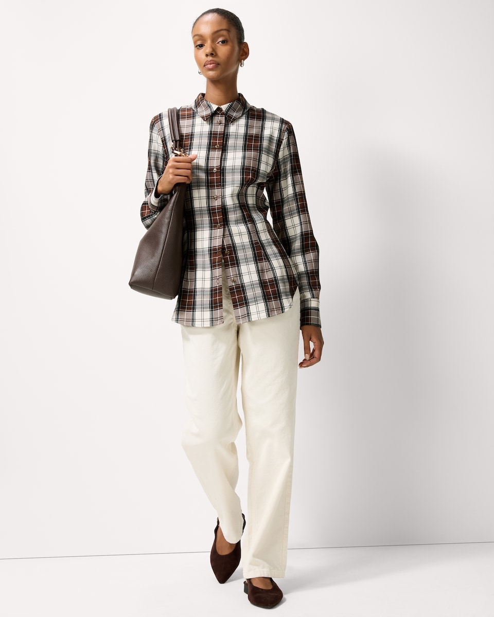 image 1 of F&F Check Shoulder Pad Cinched Shirt in Multi Brown