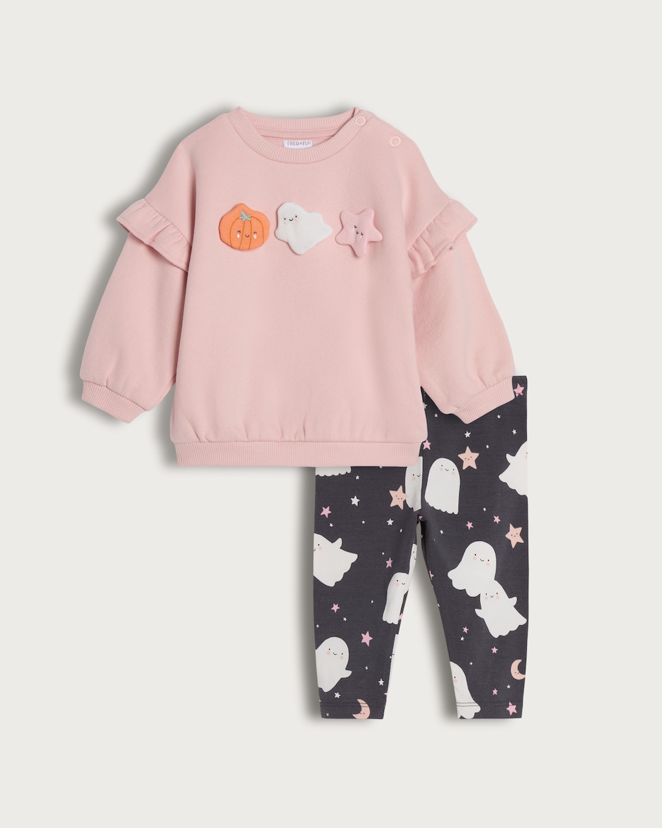 image 1 of F&F Baby 2-Piece Cotton Rich Halloween Jumper and Leggings Set in Pink