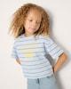 image 1 of F&F Girls Pure Cotton Striped Slogan T-Shirt in Blue