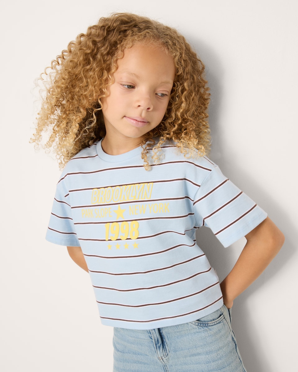 image 1 of F&F Girls Pure Cotton Striped Slogan T-Shirt in Blue