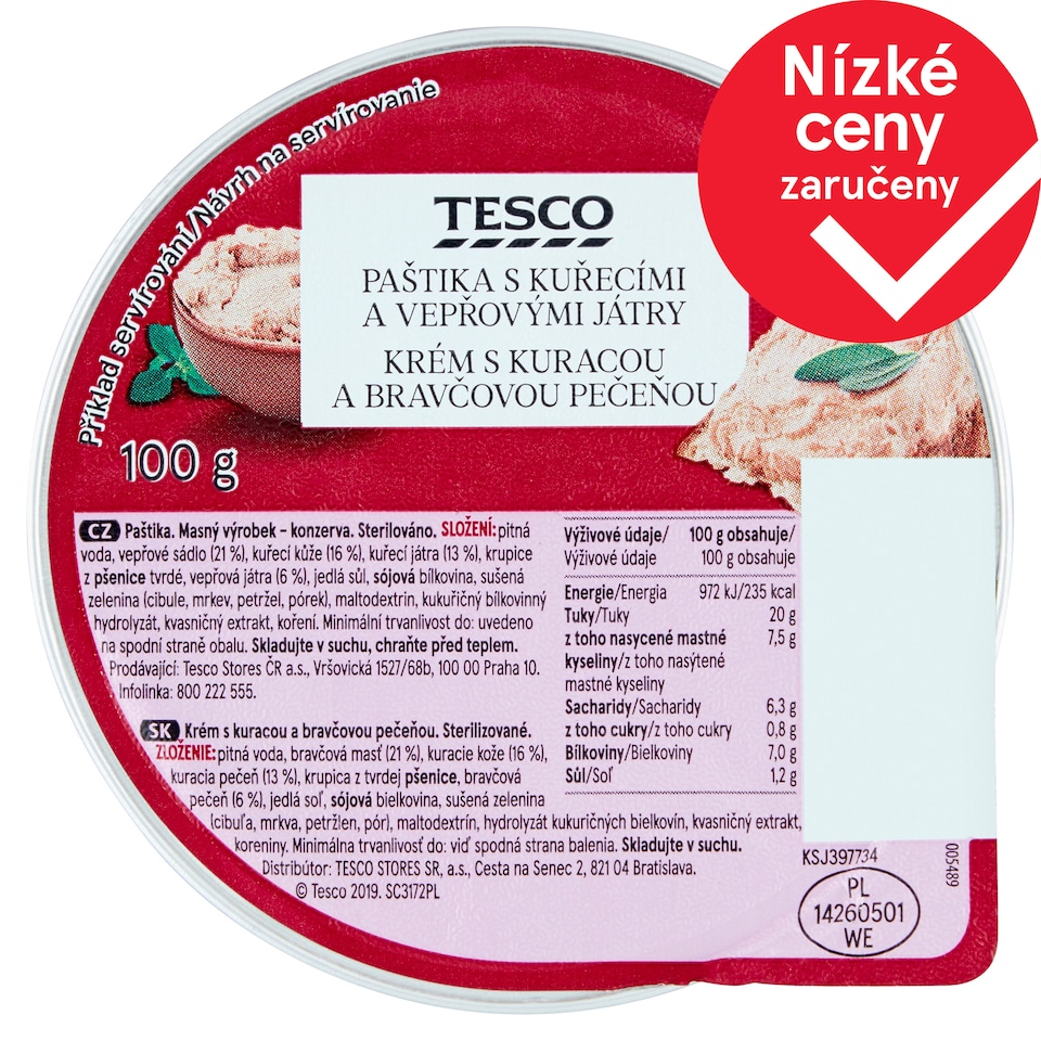 Tesco Paštika s kuřecími a vepřovými játry 100g