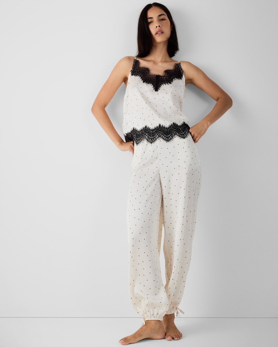 image 1 of F&F Satin Polka Dot Lace Trim Pyjama Set in Cream