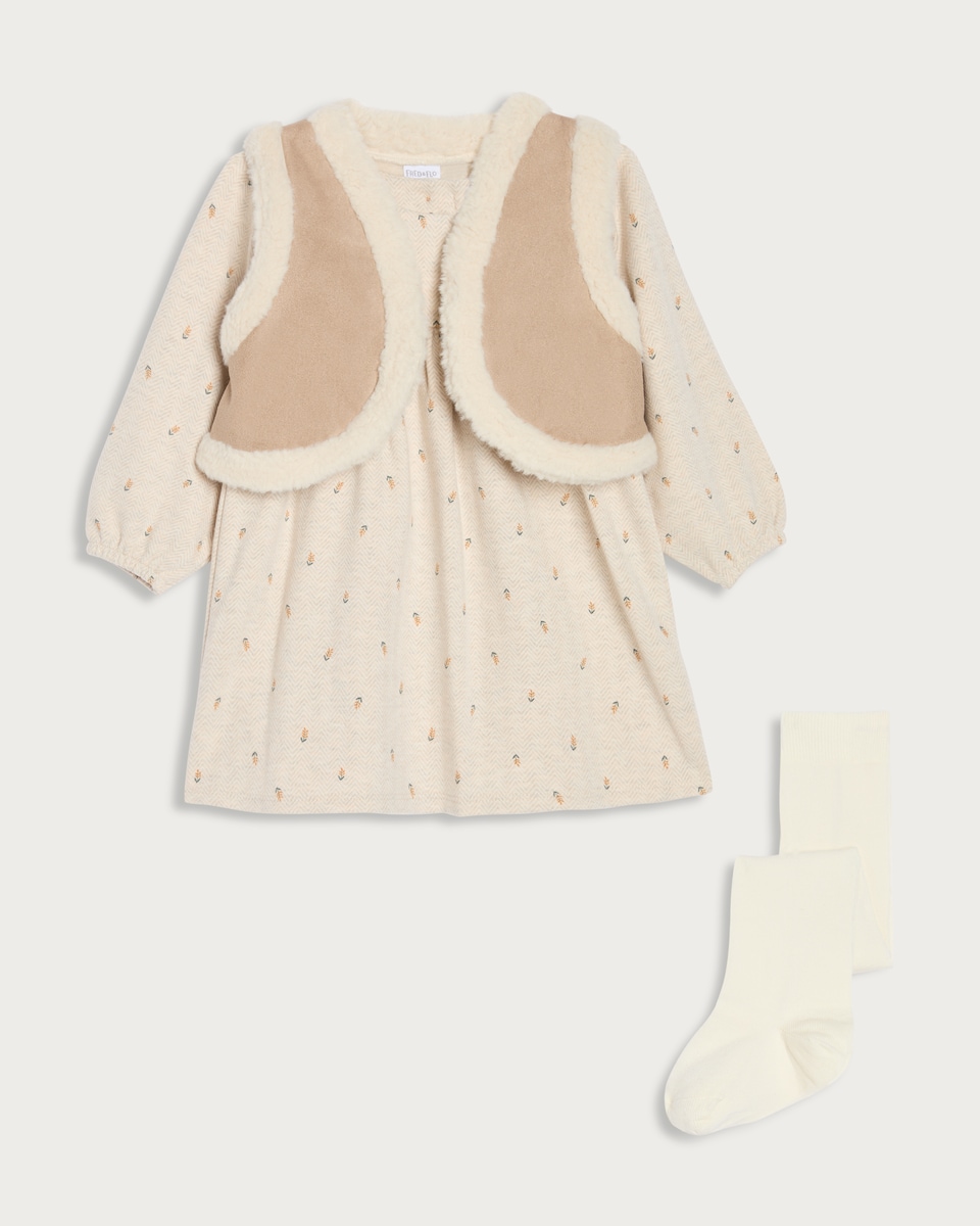 F&F Baby 3-Piece Faux Fur Gilet, Dress and Tights Set in Stone