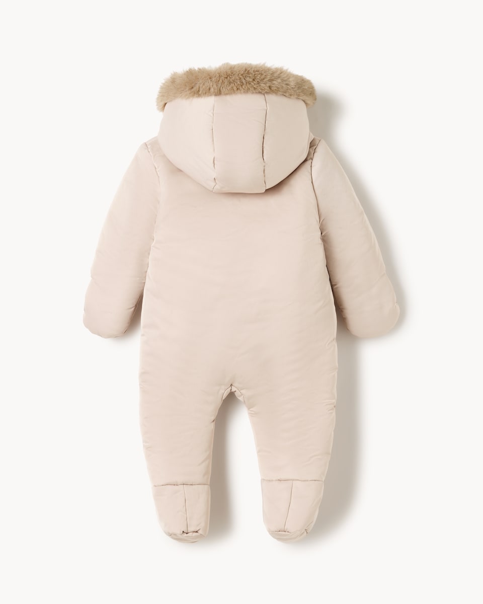 image 1 of F&F Baby Faux Fur Hooded Pramsuit in Gold