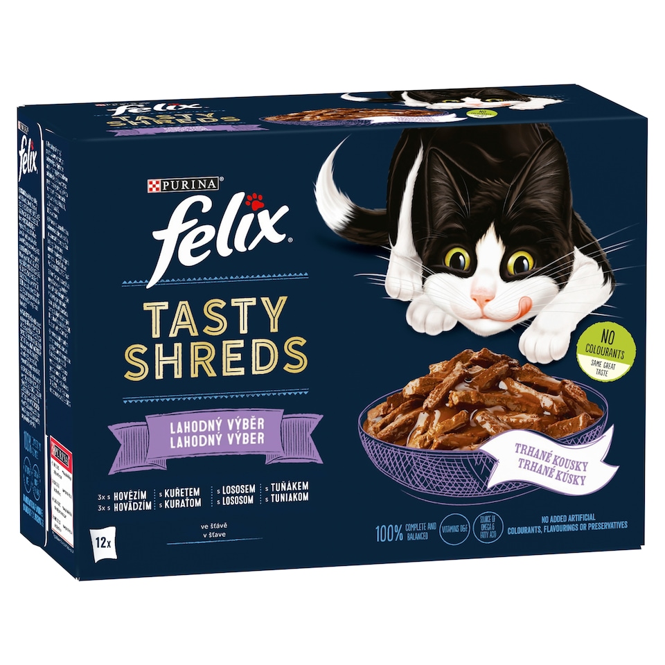 obrázok 1 z Felix Tasty Shreds kapsičky pre mačky hovädzie, kura, losos, tuniak v šťave 12 x 80 g