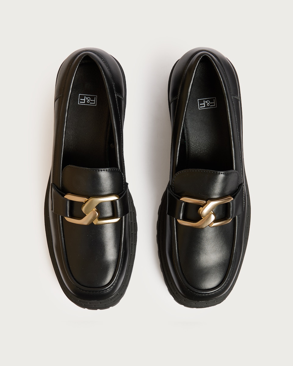image 1 of F&F Faux Leather Chunky Penny Trim Loafers in Black