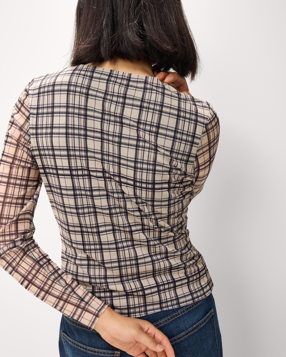 image 1 of F&F Mesh Checked Top in Chocolate