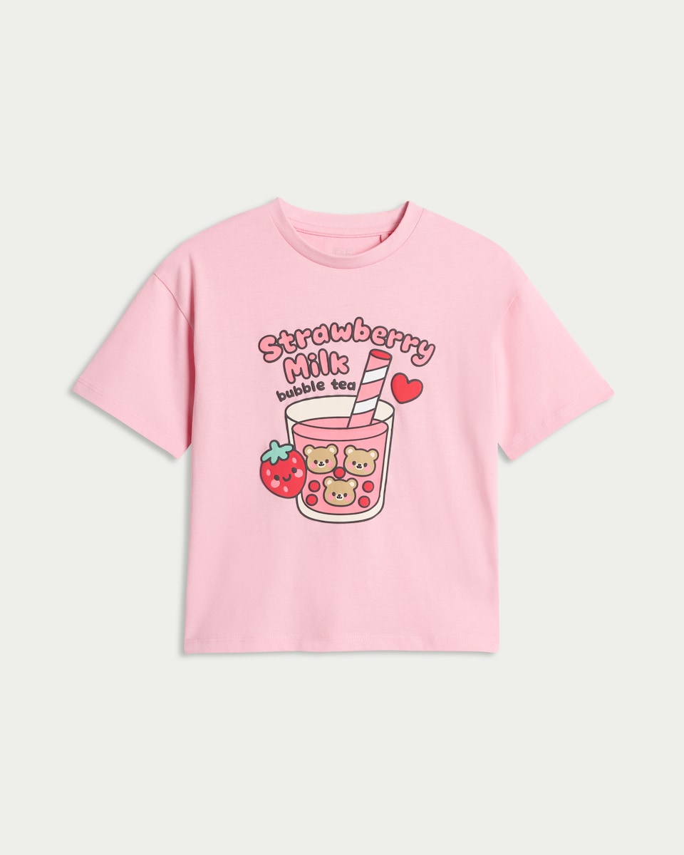 image 1 of F&F Girls Pure Cotton Bubble Tea T-Shirt in Pink