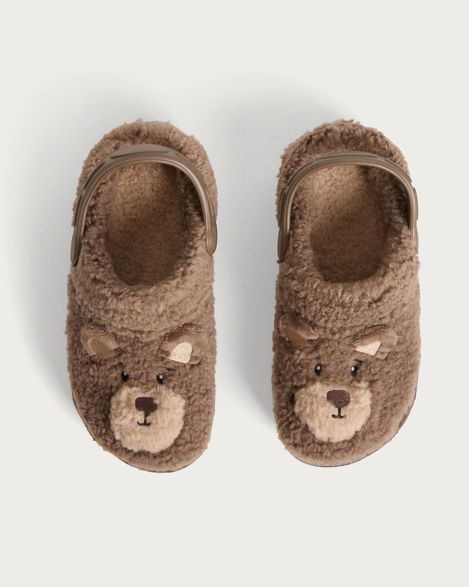 image 1 of F&F Unisex Teddy Bear Fleece Clogs in Brown