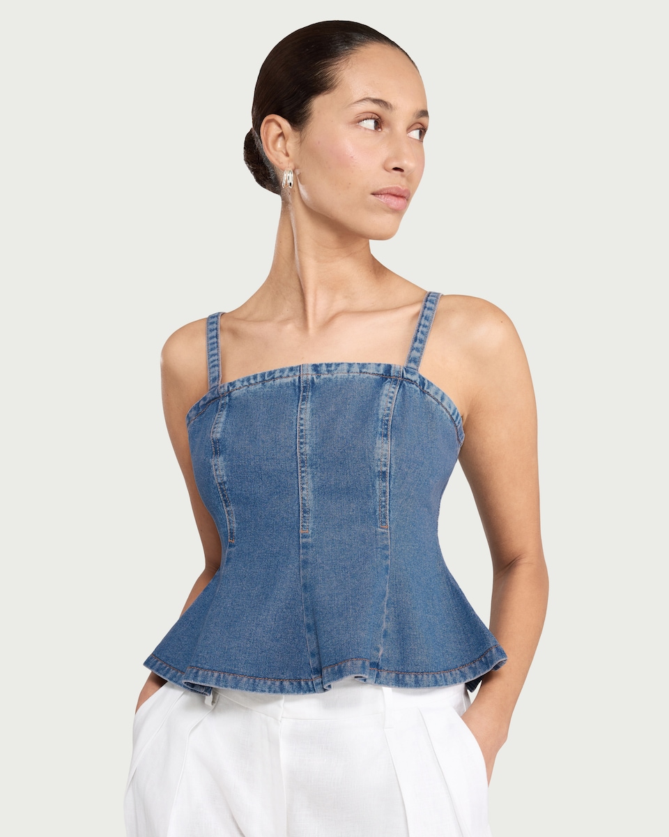 image 1 of F&F Pure Cotton Peplum Hem Denim Top in Blue