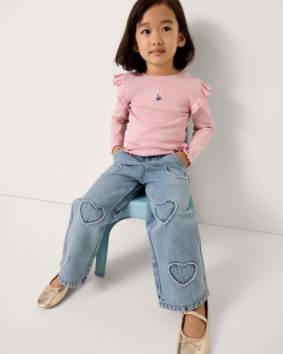 image 1 of F&F Girls Pure Cotton Heart Pattern Jeans in Blue