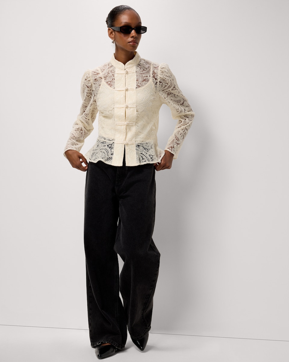 image 1 of F&F Lace Peplum Blouse in Cream