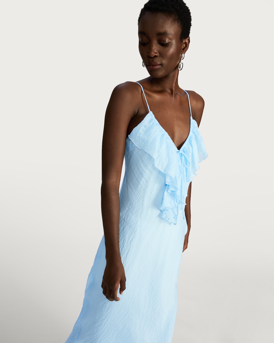 image 1 of F&F V Neck Ruffle Front Strappy Midi Dress in Blue