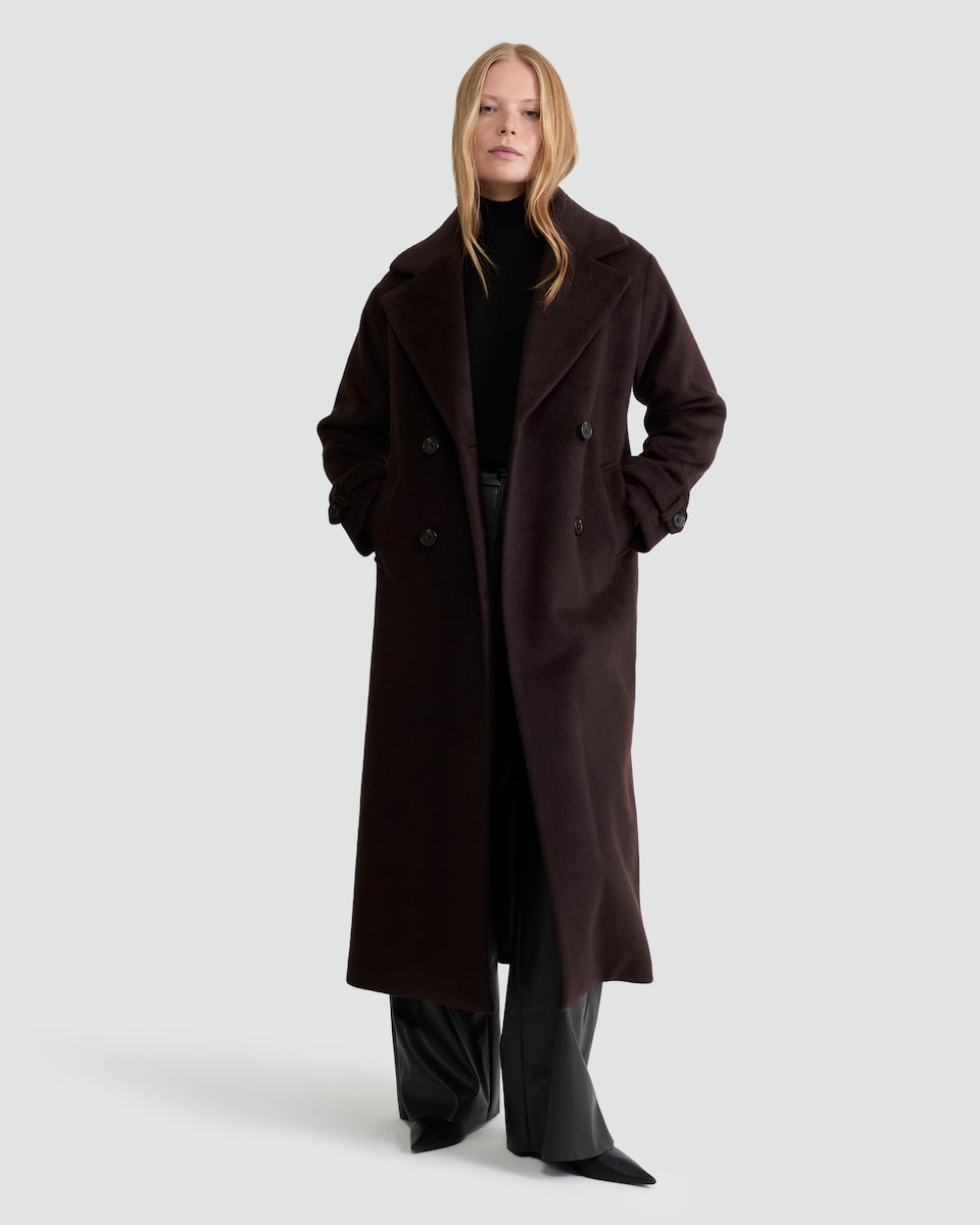image 1 of F&F Double Breasted Long Coat with Wool in Brown