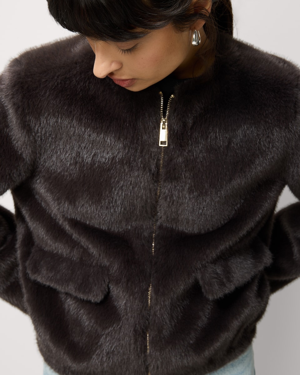 image 1 of F&F Faux Fur Zip Up Short Jacket in Grey