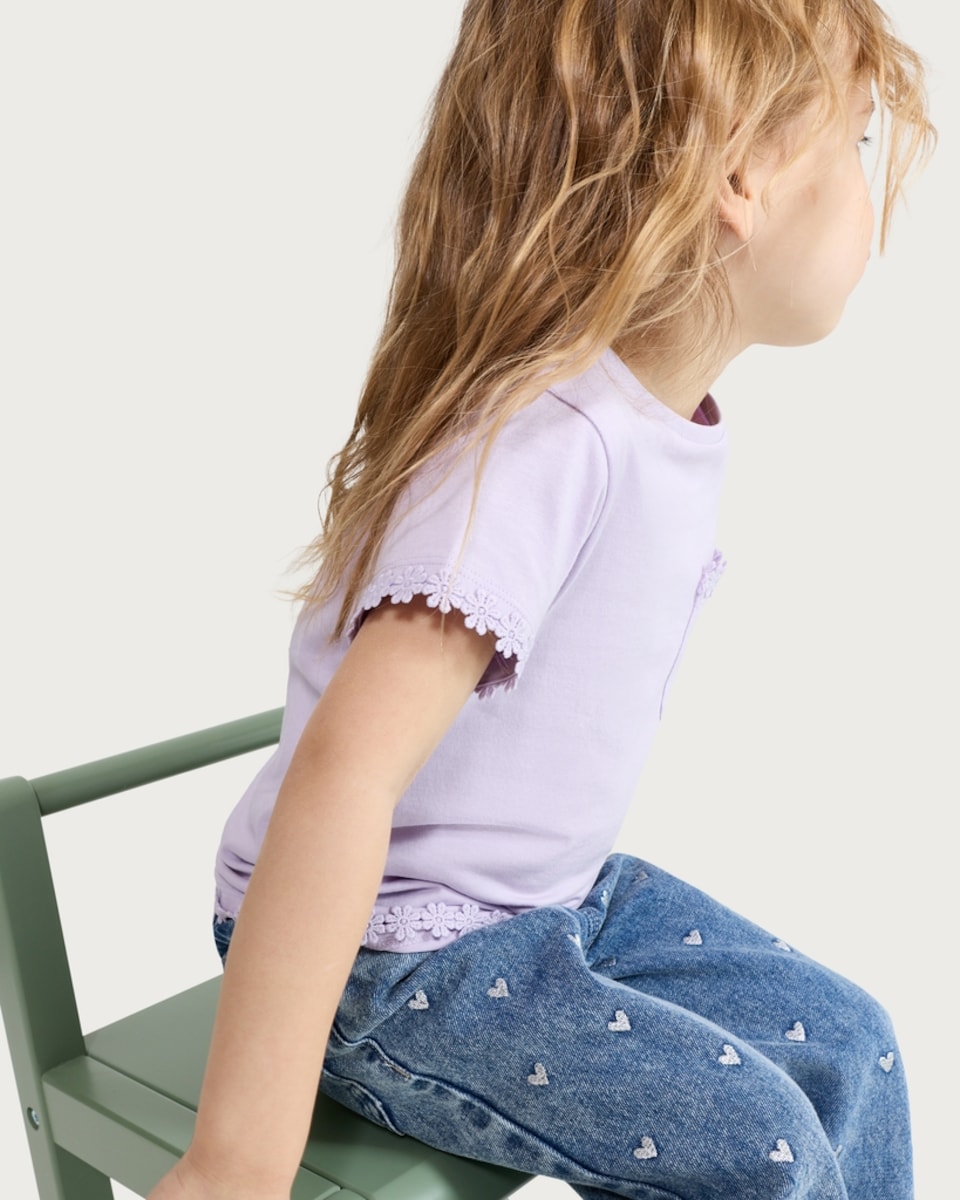 image 1 of F&F Girls Pure Cotton Floral Trim T-Shirt in Lilac