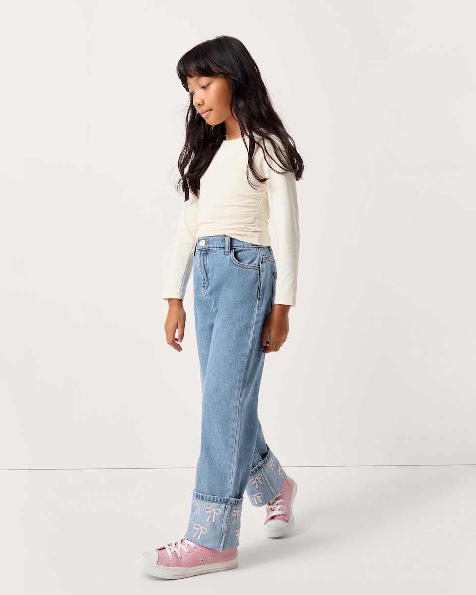 image 1 of F&F Girls Cotton Rich Embroidered Bow Turn Up Wide Leg Jeans in Blue