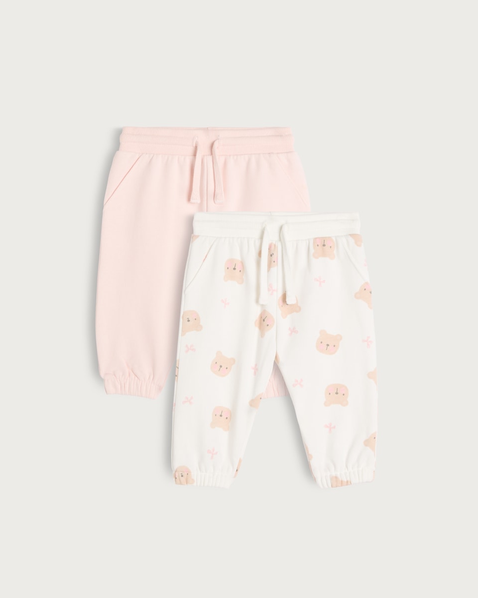 image 1 of F&F Baby 2-Pack Cotton Rich Bear Print Joggers in Pink