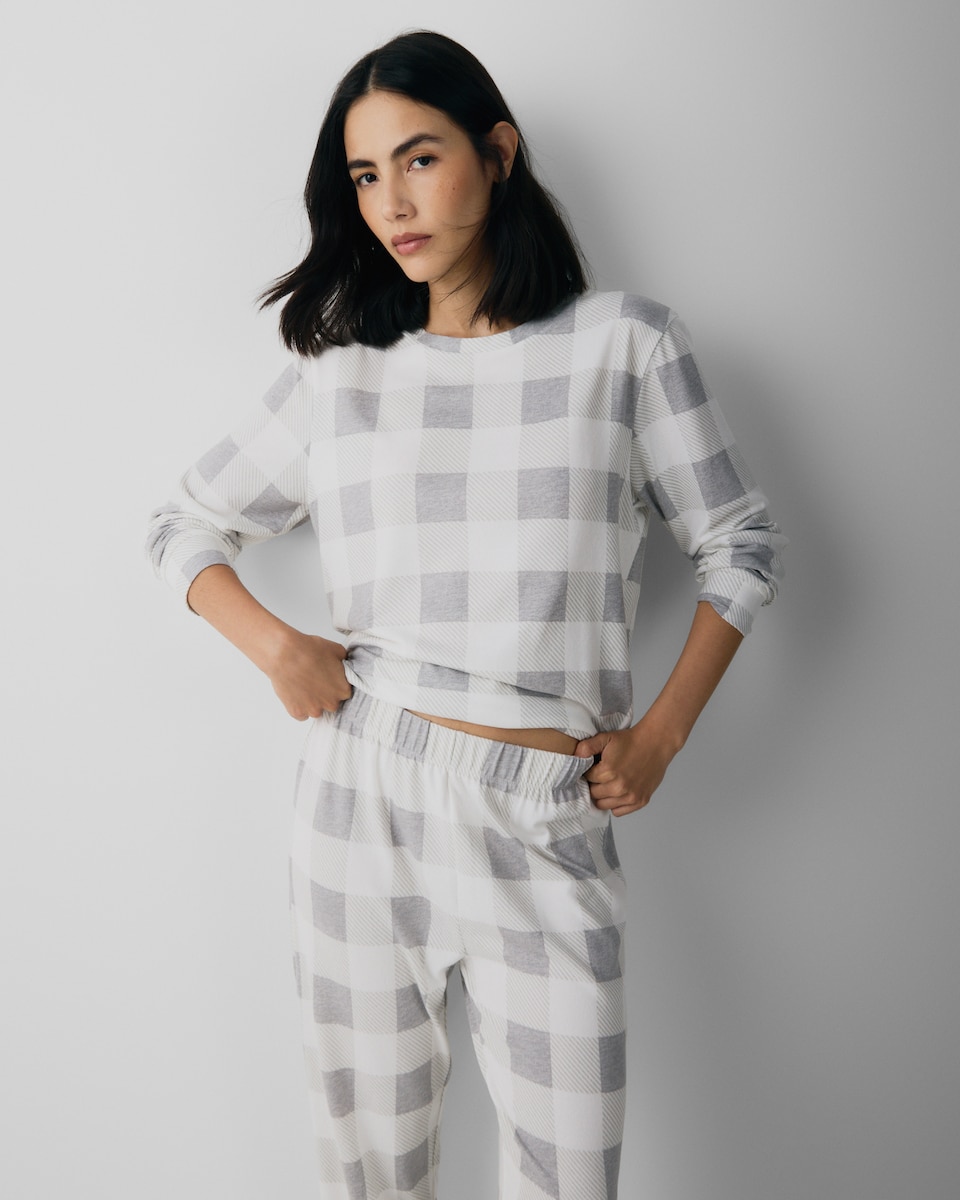 image 1 of F&F Textured Checked Pyjama Set in Multi Grey