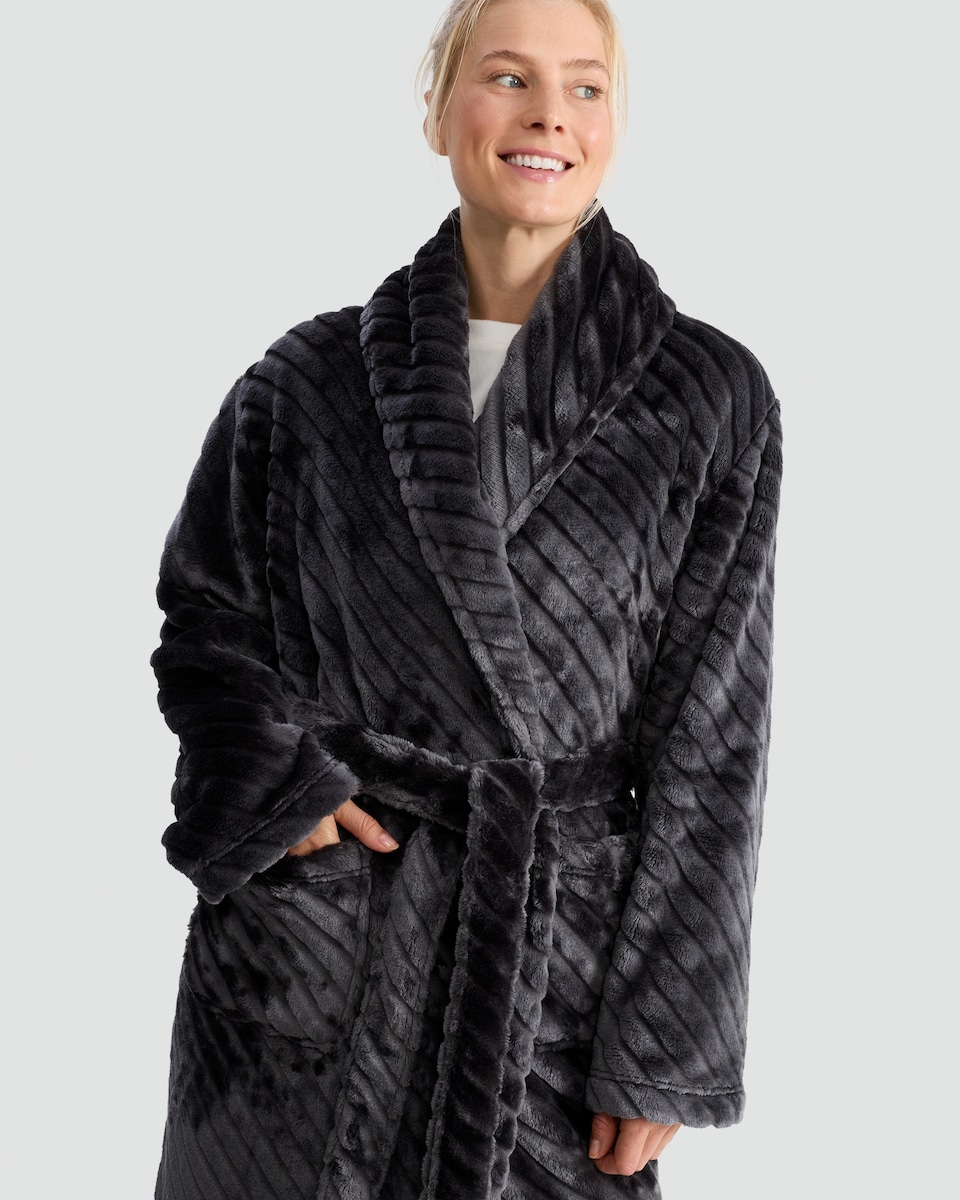 image 1 of F&F Fleece Chevron Textured Dressing Gown in Grey