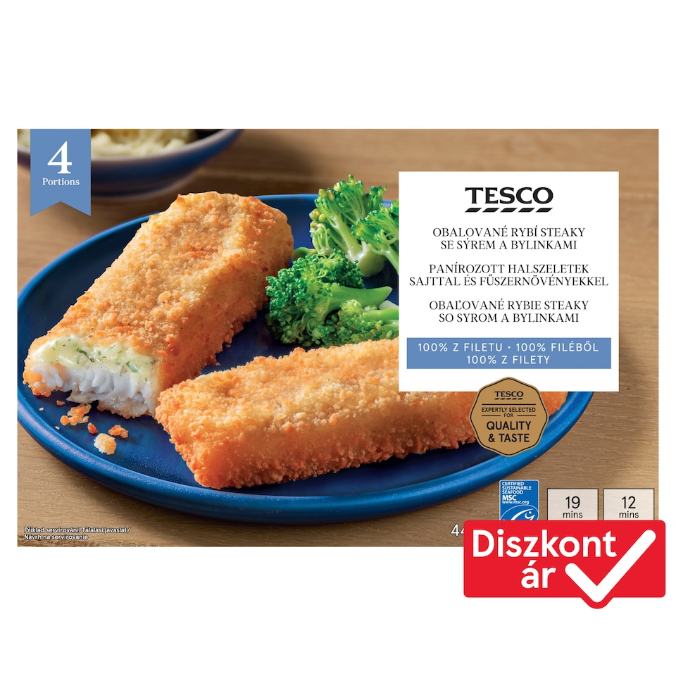 Tesco gyorsfagyasztott elősütött panírozott halszeletek sajttal és fűszernövényekkel 440 g