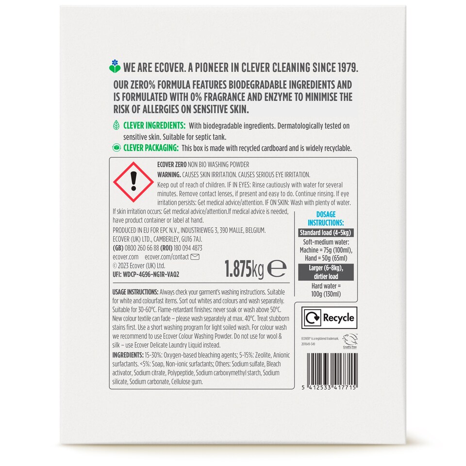 image 1 of Ecover Zero Non Biological Washing Powder 25W 1.875Kg