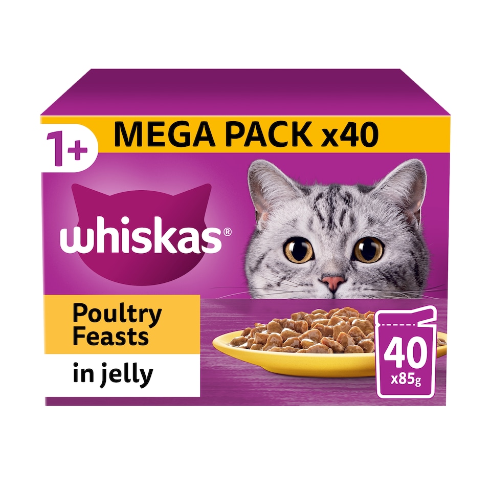 image 1 of Whiskas Adult Cat Food Pouches Poultry Feasts in Jelly 40x85g