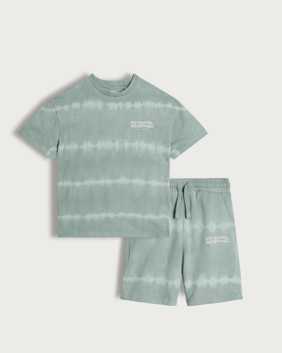 image 1 of F&F Boys Slogan Tie Dye T-Shirt and Shorts Set in Mint