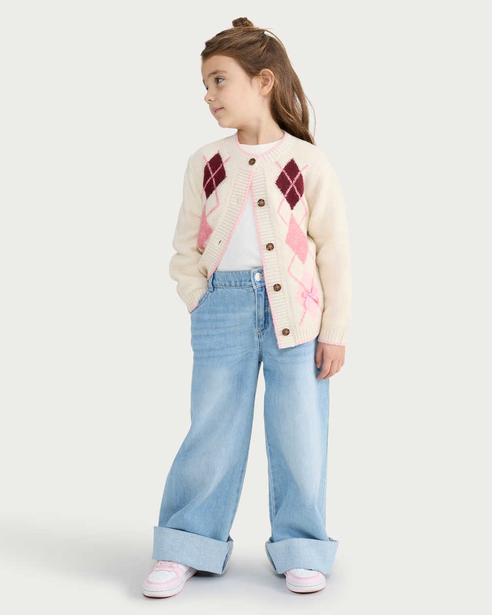 image 1 of F&F Girls Argyle Knitted Cardigan in Multi Pink