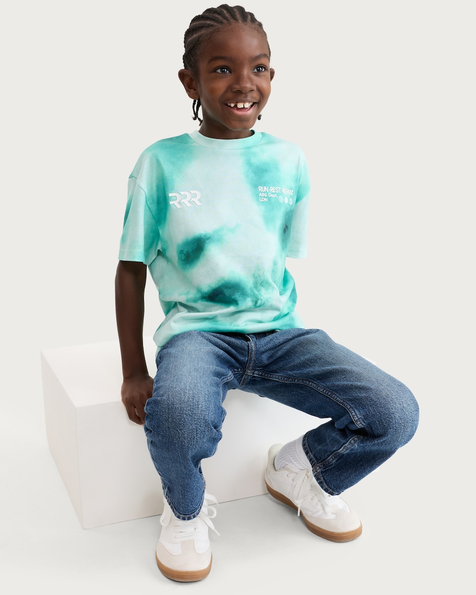 image 1 of F&F Active Boys Pure Cotton Tie Dye Oversized Fit T-Shirt in Multi Blue
