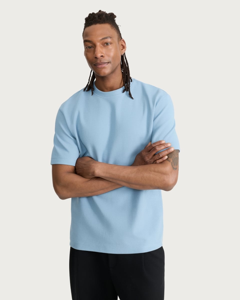 image 1 of F&F Cotton Rich Textured Crew Neck T-Shirt in Blue