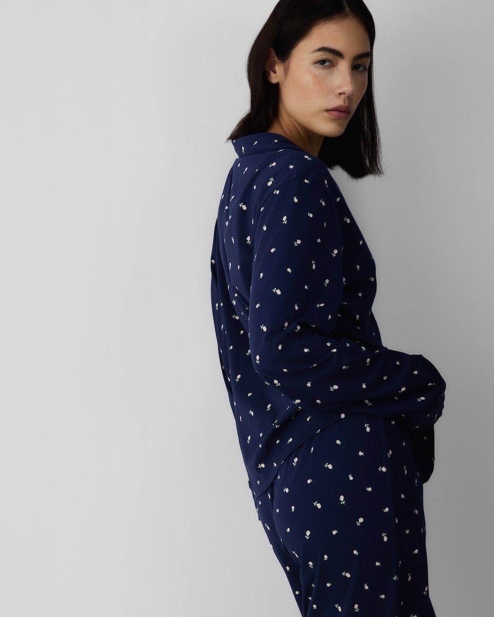 image 1 of F&F Pure Cotton Floral Print Revere Pyjama Set in Navy