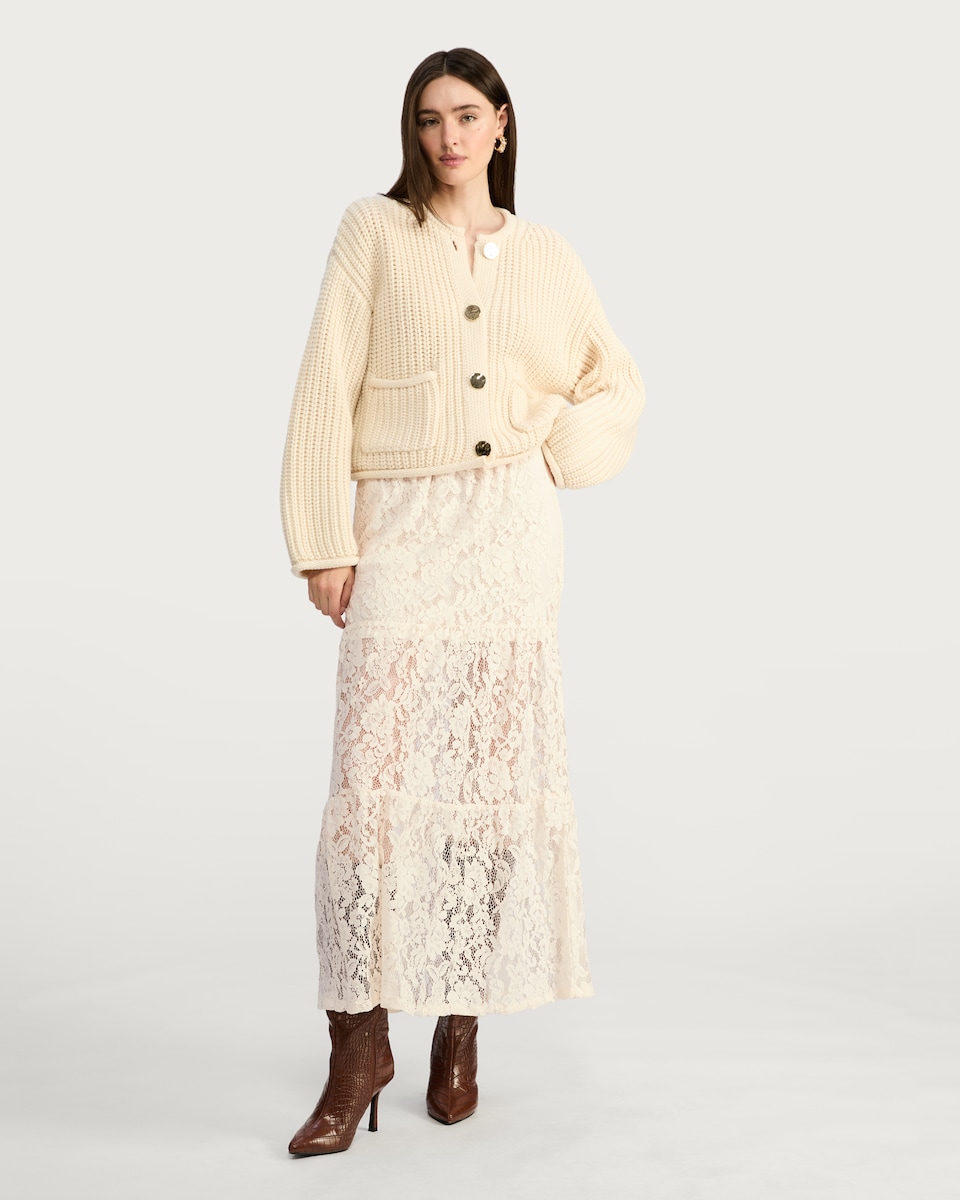 image 1 of F&F Tiered Lace Midi Skirt in Cream