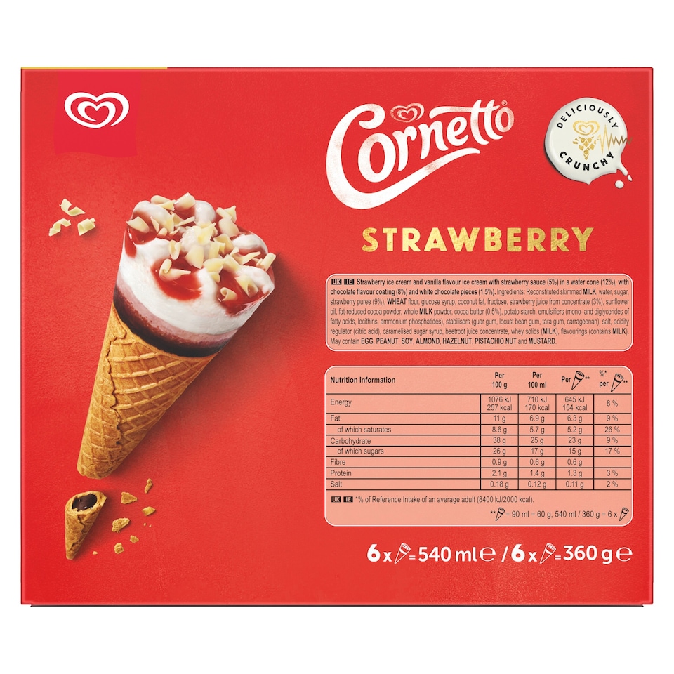 image 1 of Cornetto Strawberry Ice Cream Cones 6x90ml