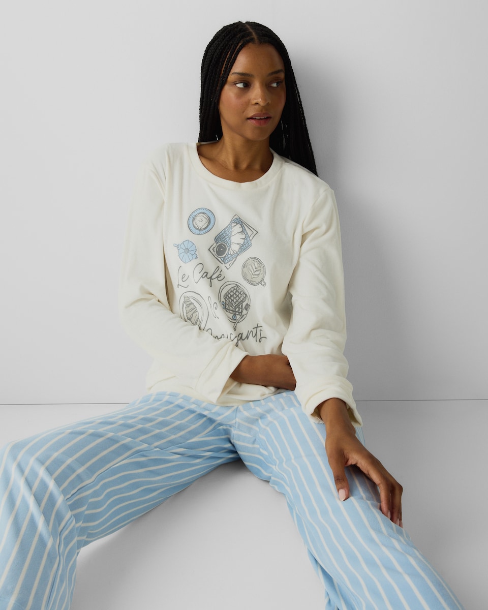 image 1 of F&F Fleece Brunch Pyjama Set in Cream