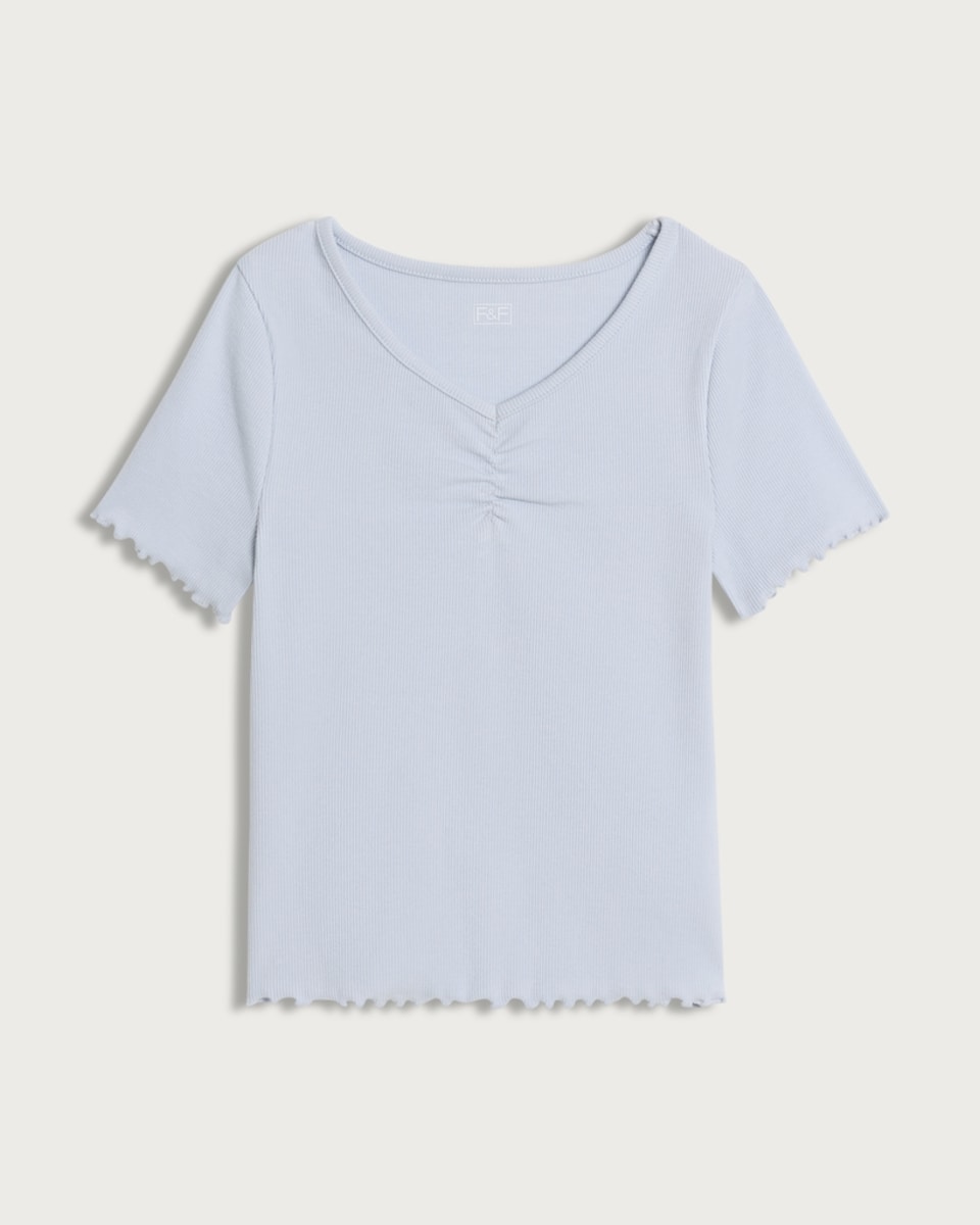 image 1 of F&F Girls Cotton Rich Ruched V Neck T-Shirt in Blue