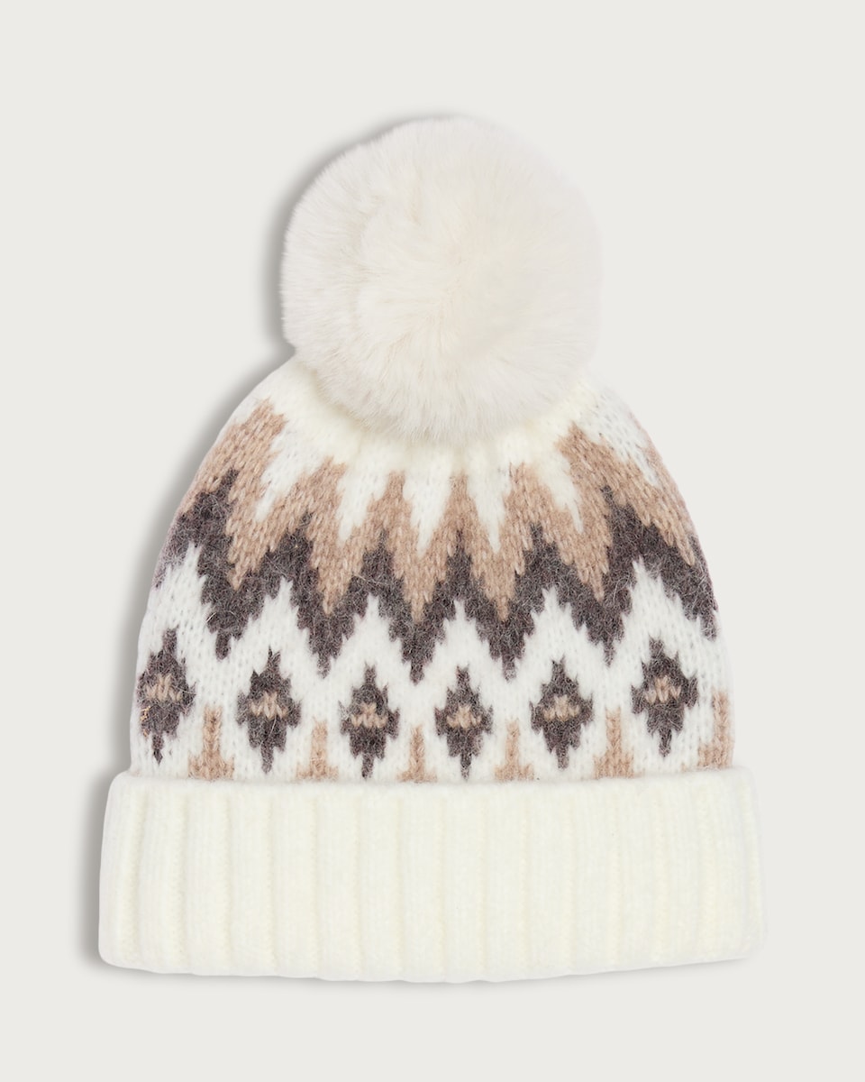 image 1 of F&F Knitted Fair Isle Pattern Pom Pom Beanie Hat in Neutral